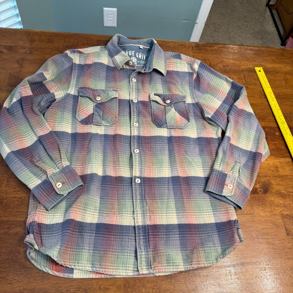 True Grit Men's Plaid Flannel Shirt - Blue, Red, Green size large 100% cotton